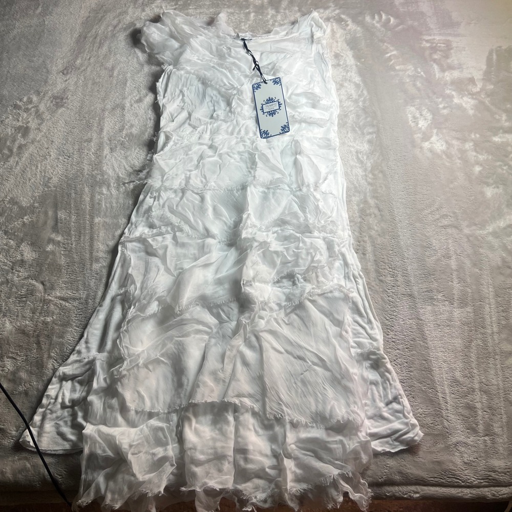 NWT Tempo Paris Women's Small Dress White Ruffle Frayed Silk Blend Made in Italy